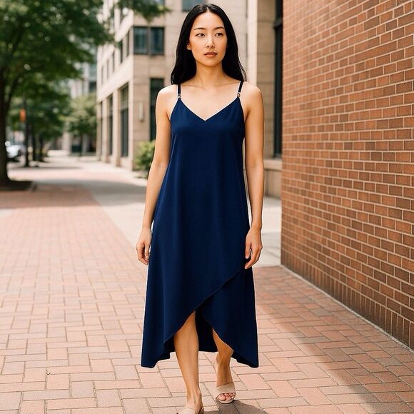 Lulus NAVY BLUE SMALL Spaghetti Strap Double V Neck High Low Hem Maxi Dress - Picture 10 of 10